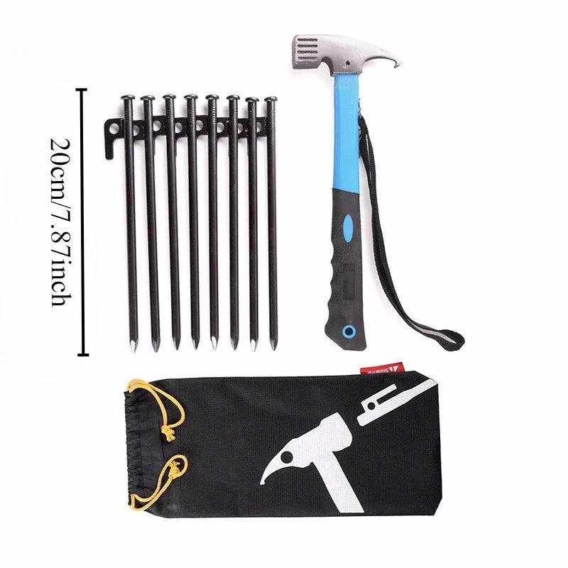 Hammer and tent pegs set with carrying pouch for camping activities