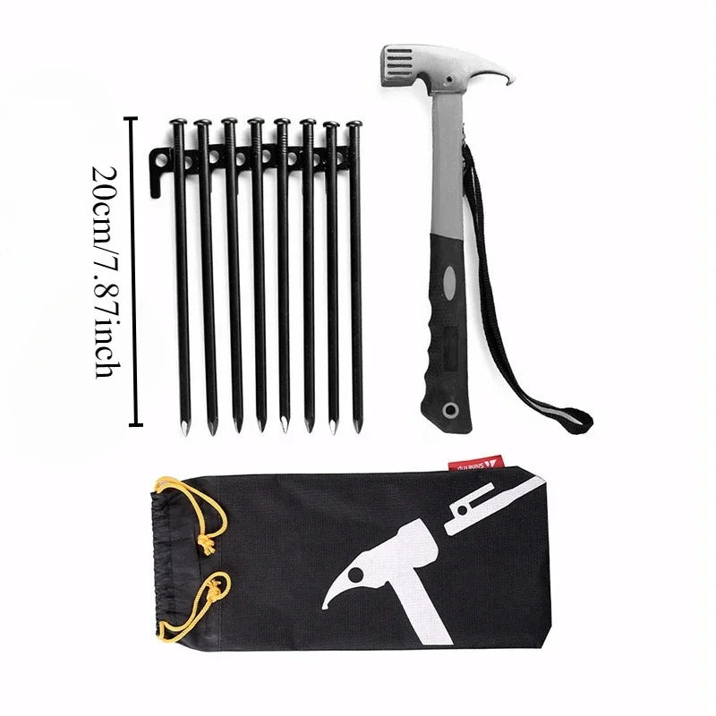 Black hammer and tent peg set for secure camping setup