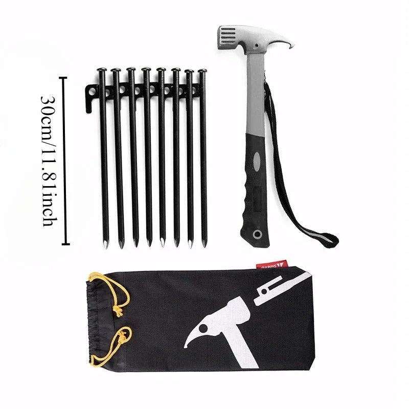 Grey hammer and tent peg set for secure camping setup