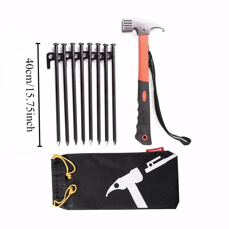 Tent peg hammer kit with eight durable tent pegs and carrying bag
