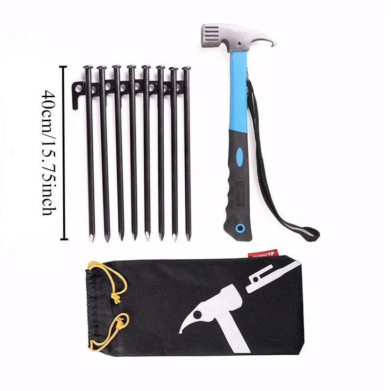 Tent peg hammer set with durable hammer and eight steel tent pegs