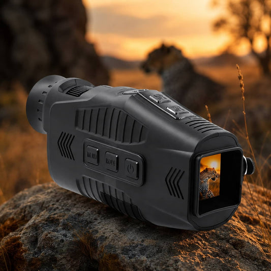Black thermal imaging device on a rock with a leopard in the background during sunset.