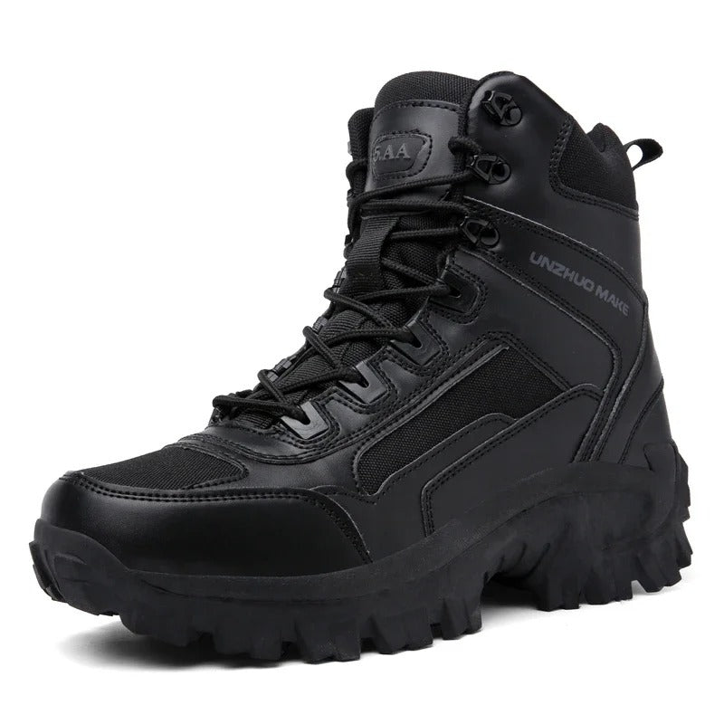 Black tactical thermal outdoor boots with rugged soles for ultimate traction and support in demanding conditions