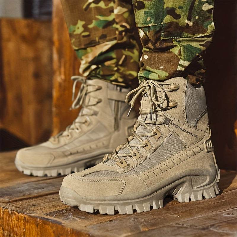 Tan tactical boots designed for durability with rugged soles, ideal thermal outdoor boots for harsh conditions