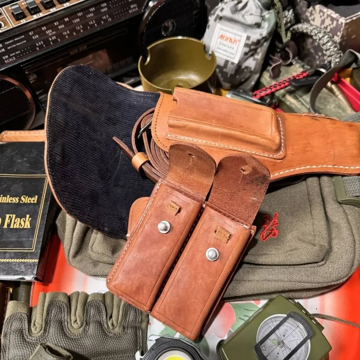 Tokarev leather holster in brown with twin magazine pouches for secure carry