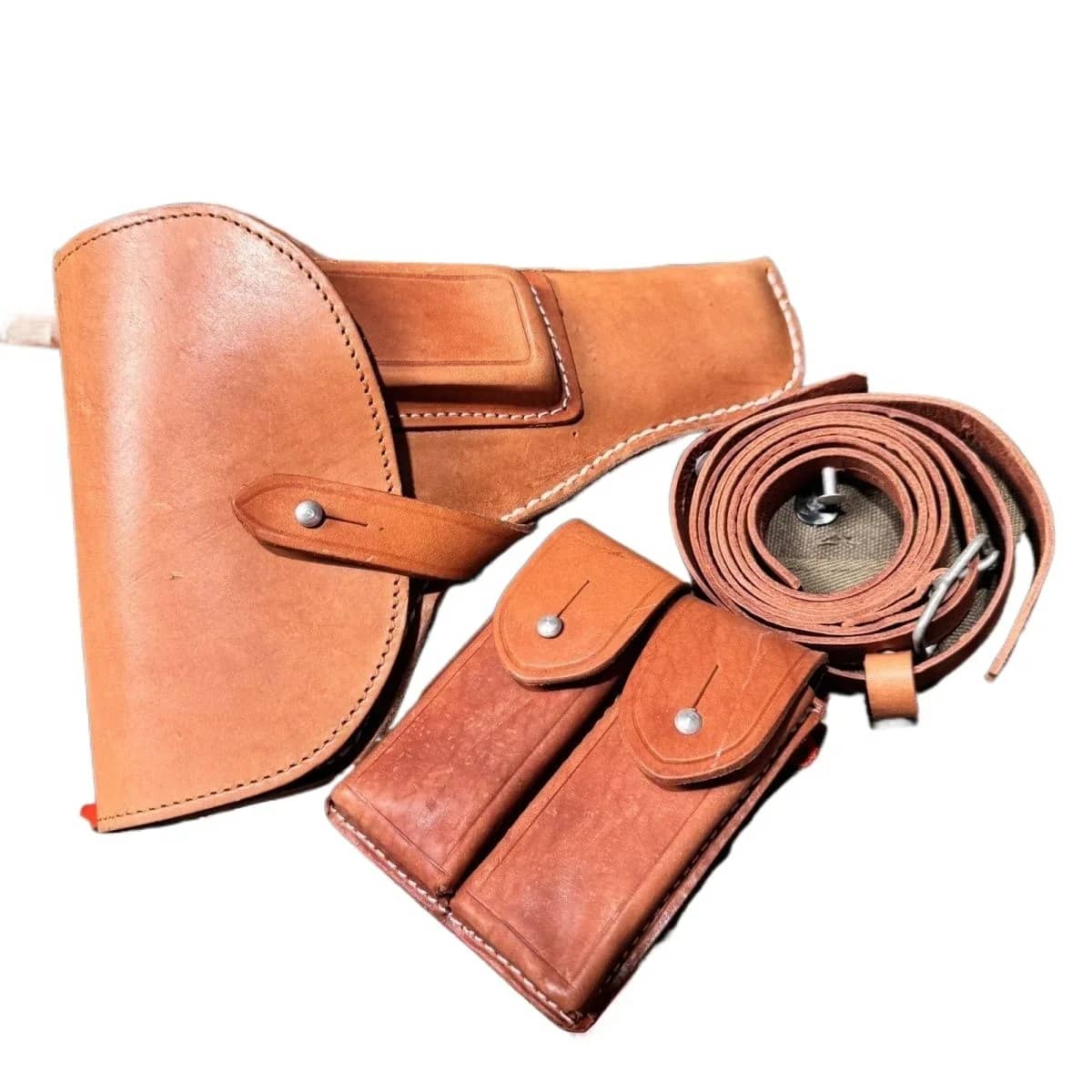 Tokarev leather holster and dual magazine pouch in tan for secure handgun carry