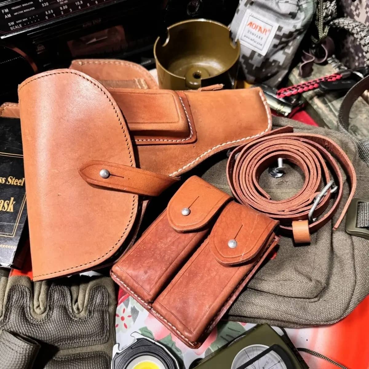 Tokarev leather holster in tan with additional mag pouches and adjustable belt