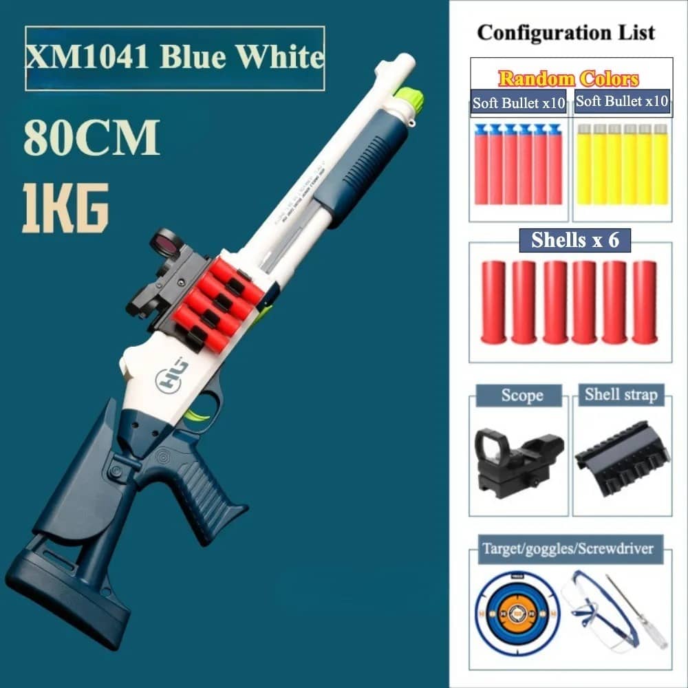 Shell ejecting shotgun toy in blue and white with six shells and a scope