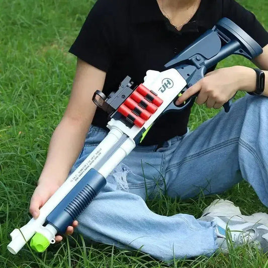 Child holding a shell ejecting shotgun toy outdoors, designed for fun and imaginative play