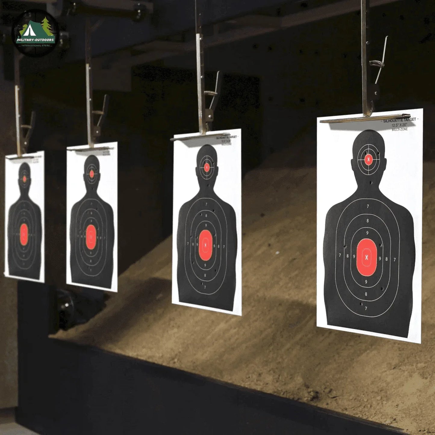 Set of four training targets for shooting practice in a realistic range setting