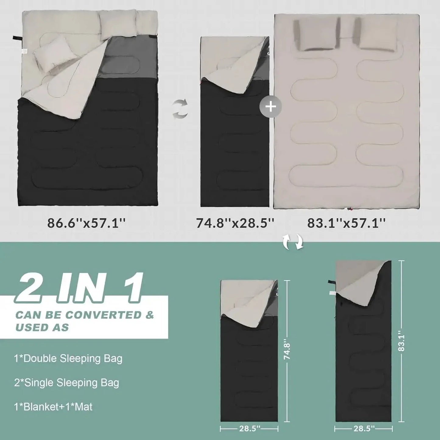 Two person sleeping bag in black and gray, convertible for camping or outdoor use