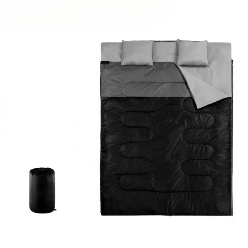 Black two person sleeping bag with soft padding and storage sack