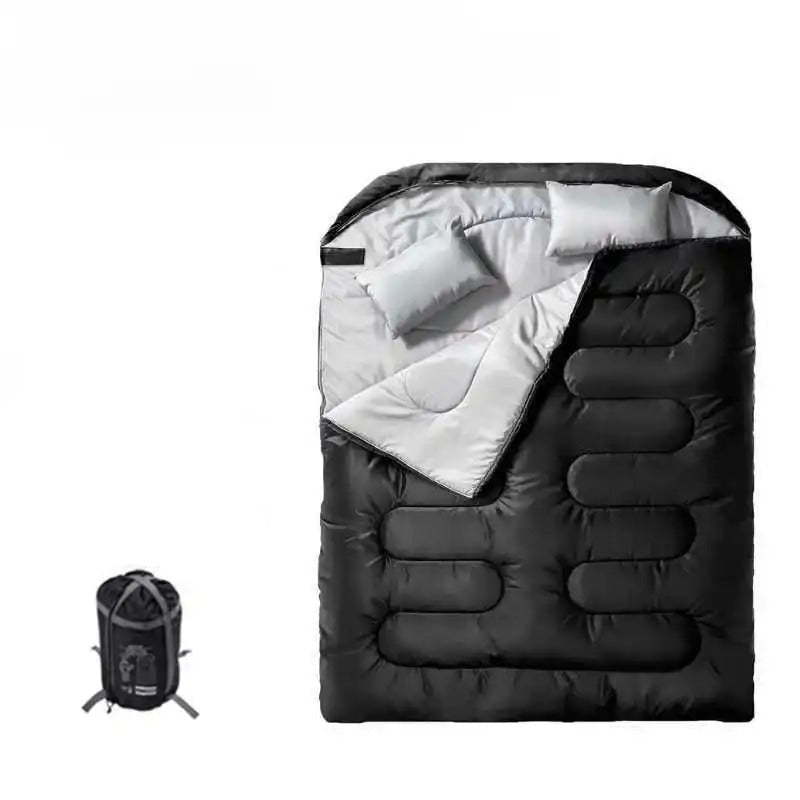 Two person sleeping bag in black with included compression sack and cozy design