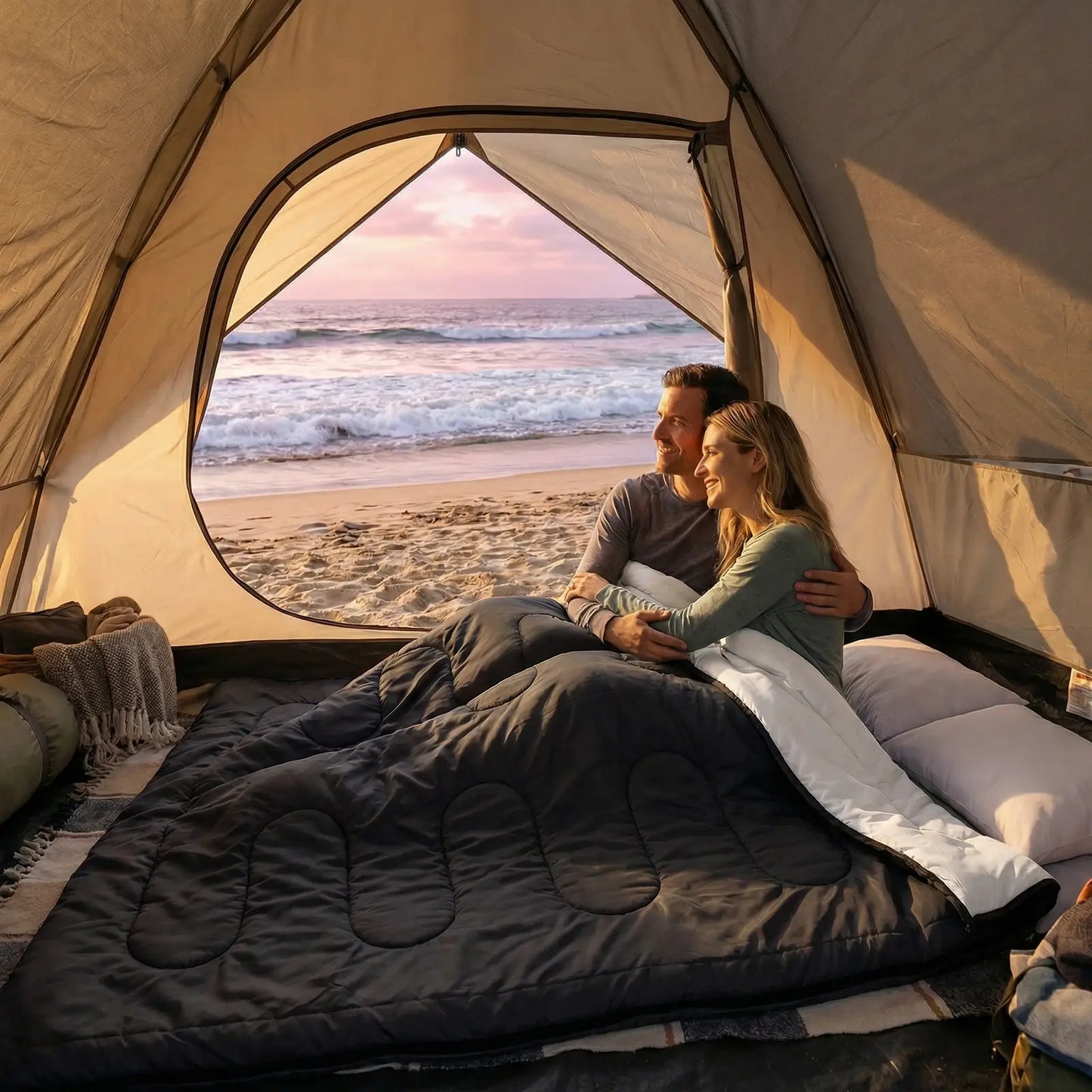 Two person sleeping bag in gray, perfect for camping or beach trips