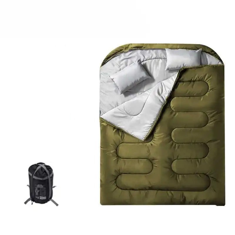 Two person sleeping bag in olive green with comfortable design for camping