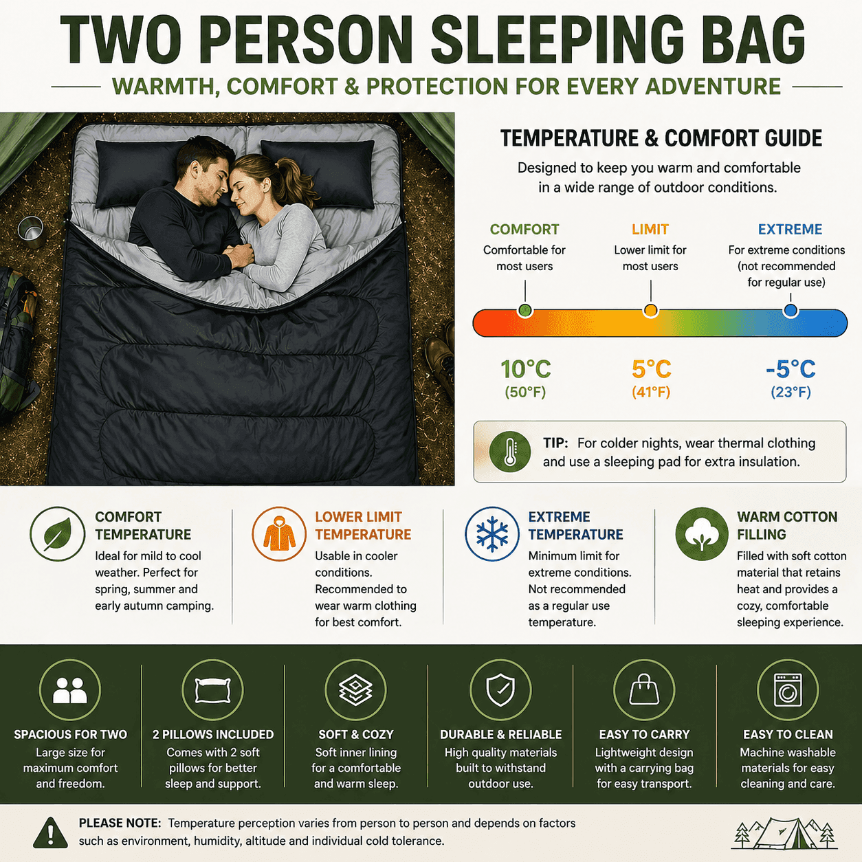 Two person sleeping bag with warm insulation and space for two individuals