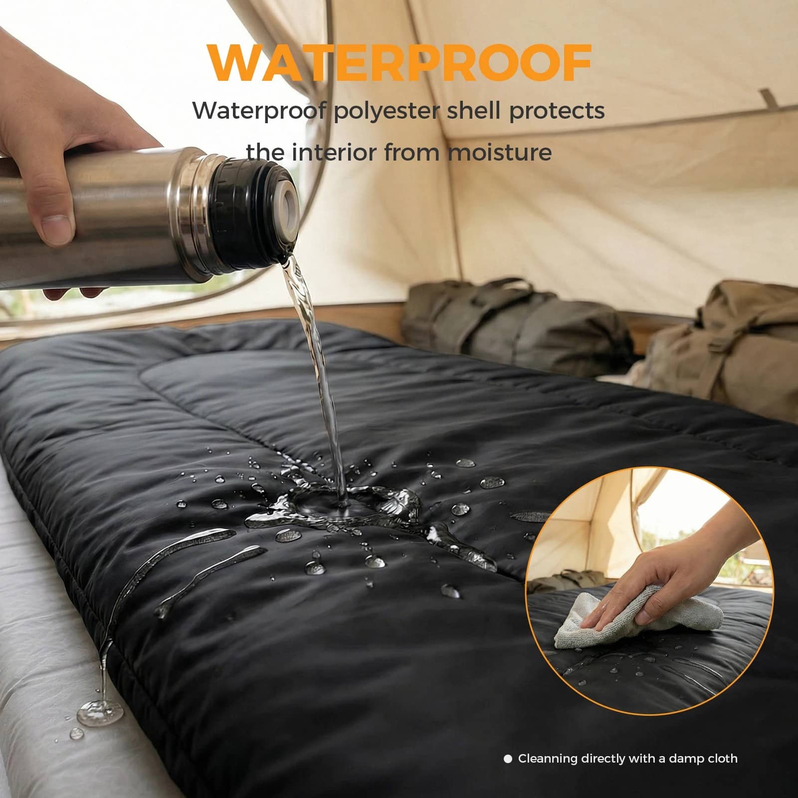 Black two person sleeping bag with waterproof polyester protection for outdoor camping