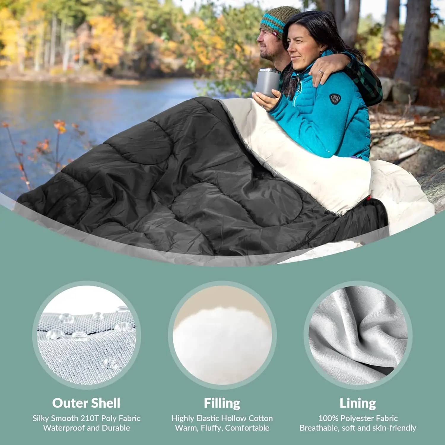 Two person sleeping bag in black and white, perfect for camping adventures
