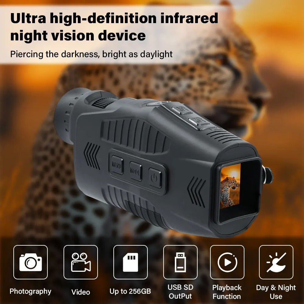 Ultra high-definition infrared night vision device with a leopard in the background
