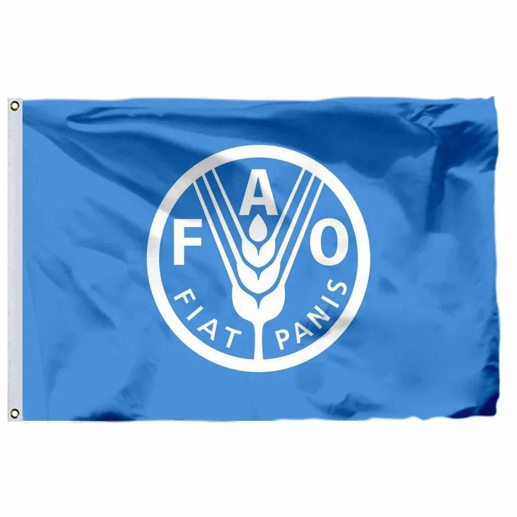 United Nations flag featuring the FAO logo with a blue background and wheat design