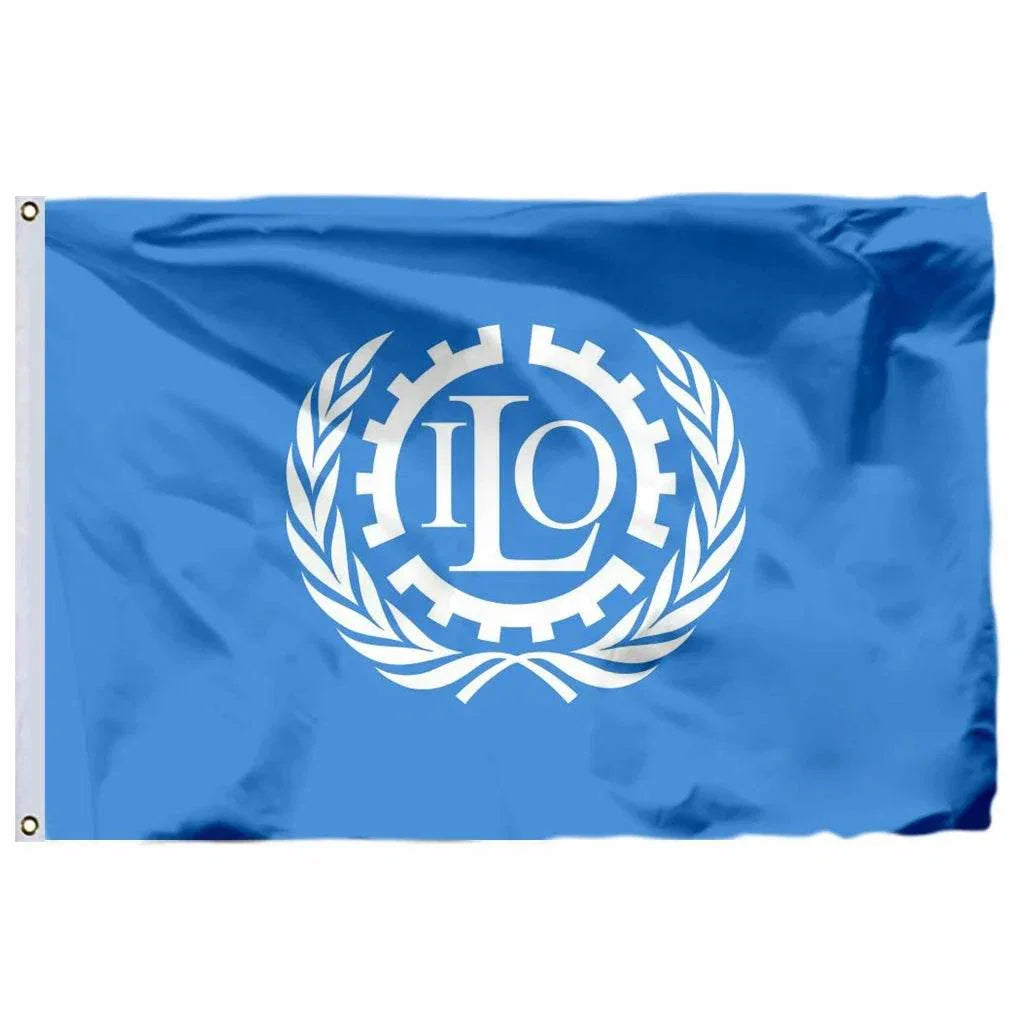 Blue United Nations flag featuring the ILO emblem with laurel wreath and gear design