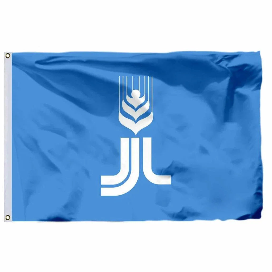 United Nations flag featuring a blue background with an emblem featuring olive branches and a globe