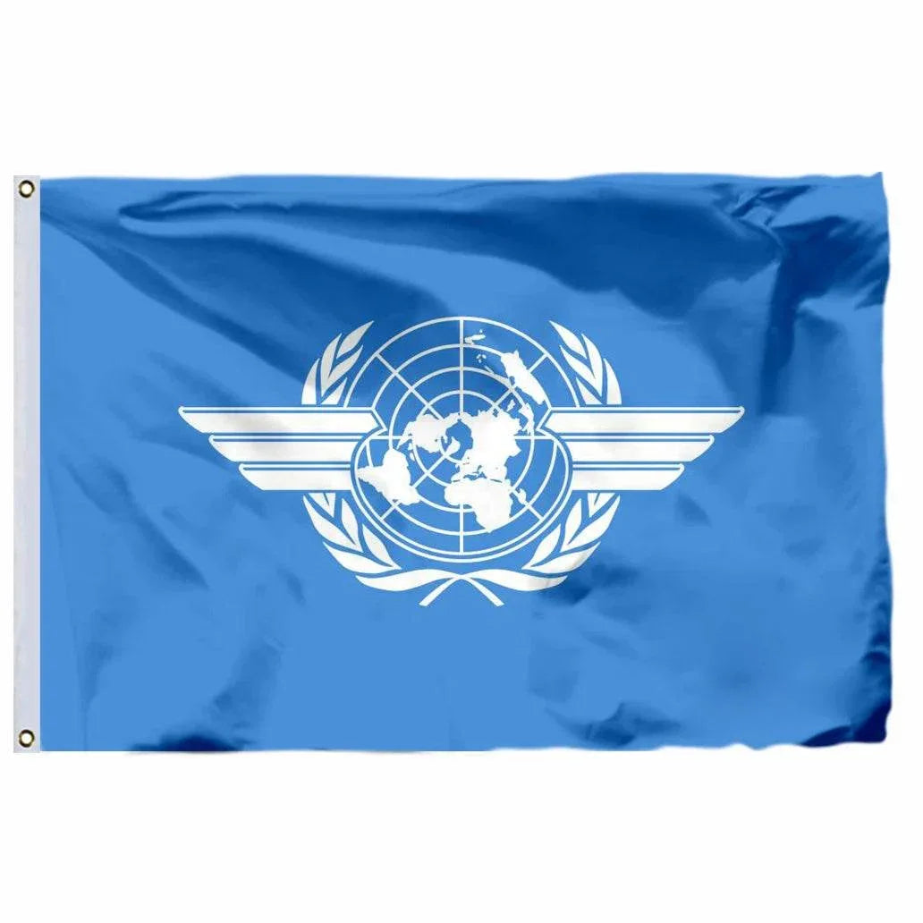 United Nations flag in blue featuring the emblem and olive branch design for global peace initiatives