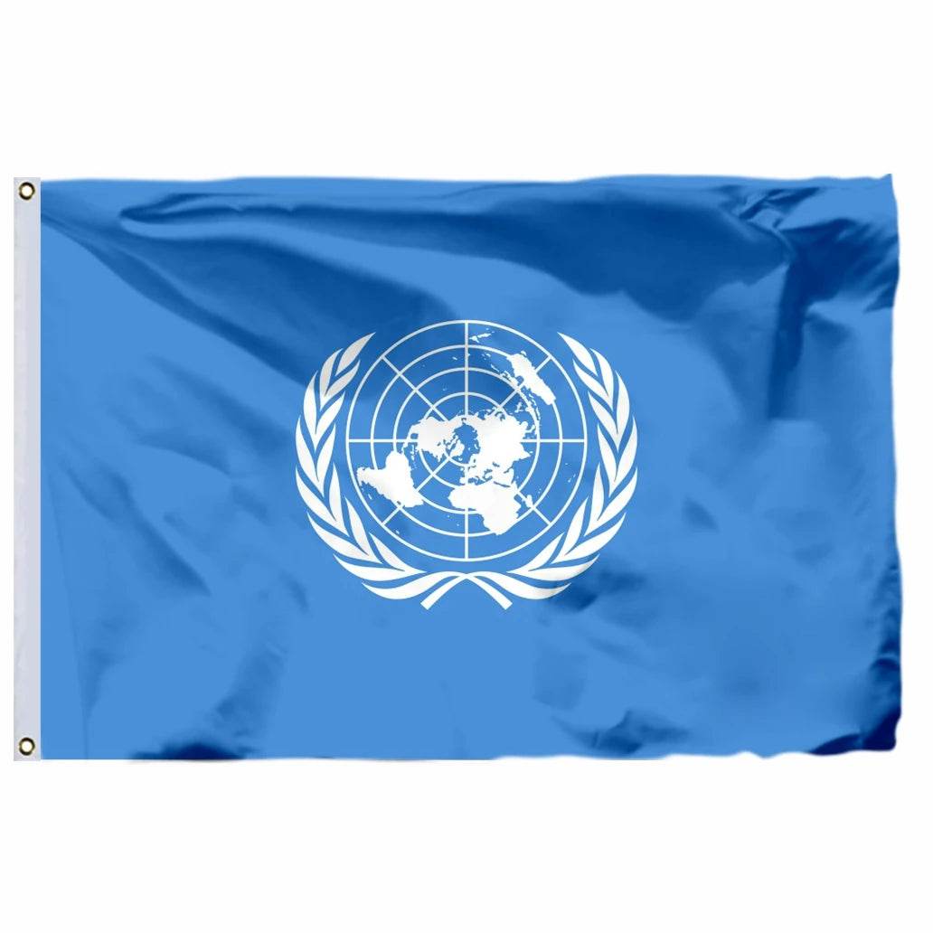 United Nations flag in blue with white emblem featuring a world map surrounded by olive branches
