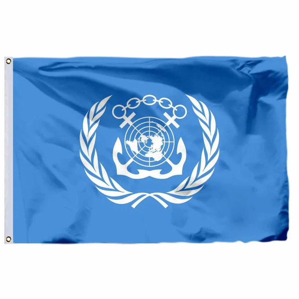 United Nations flag with blue background and white emblem featuring olive branches and globe