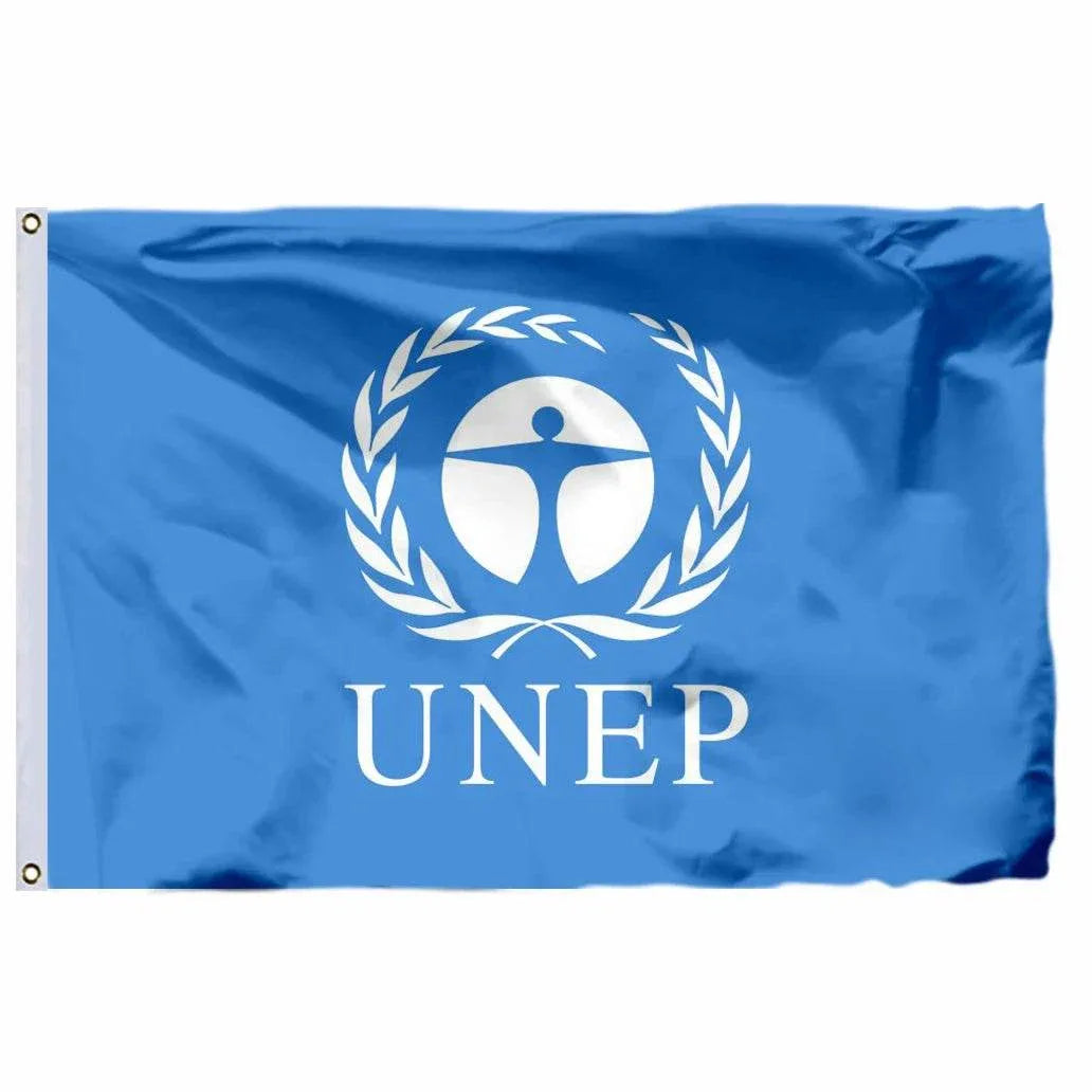 United Nations flag featuring the UNEP logo on a blue background for environmental awareness