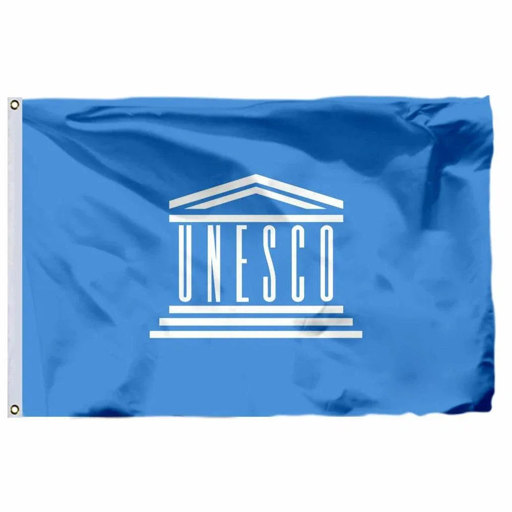 United Nations flag featuring UNESCO logo in blue for educational and cultural organizations