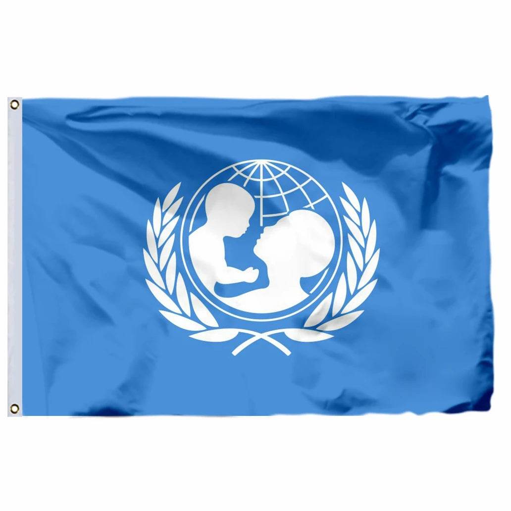 United Nations flag in blue featuring the emblem with a globe and olive branches