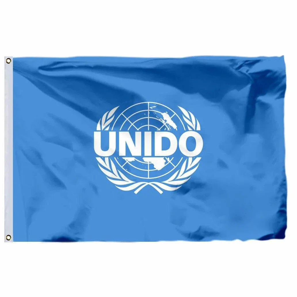 United Nations flag featuring the UNIDO logo on a blue background for display and decor