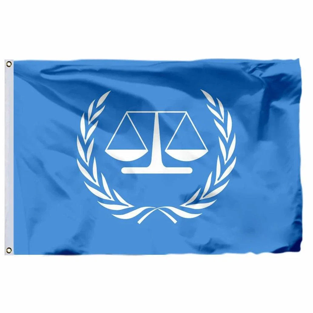 United Nations flag featuring a blue background with a laurel wreath and scales symbol