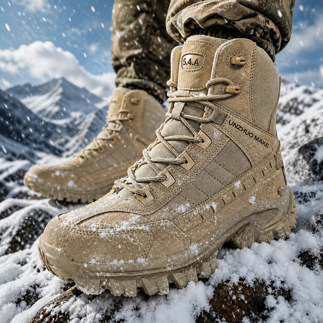 Tan tactical boots designed for thermal outdoor boots in rugged terrain