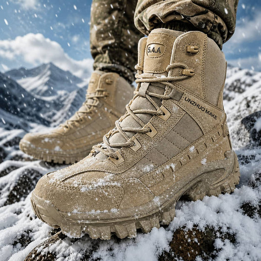 Tan tactical boots designed for thermal outdoor boots in rugged terrain