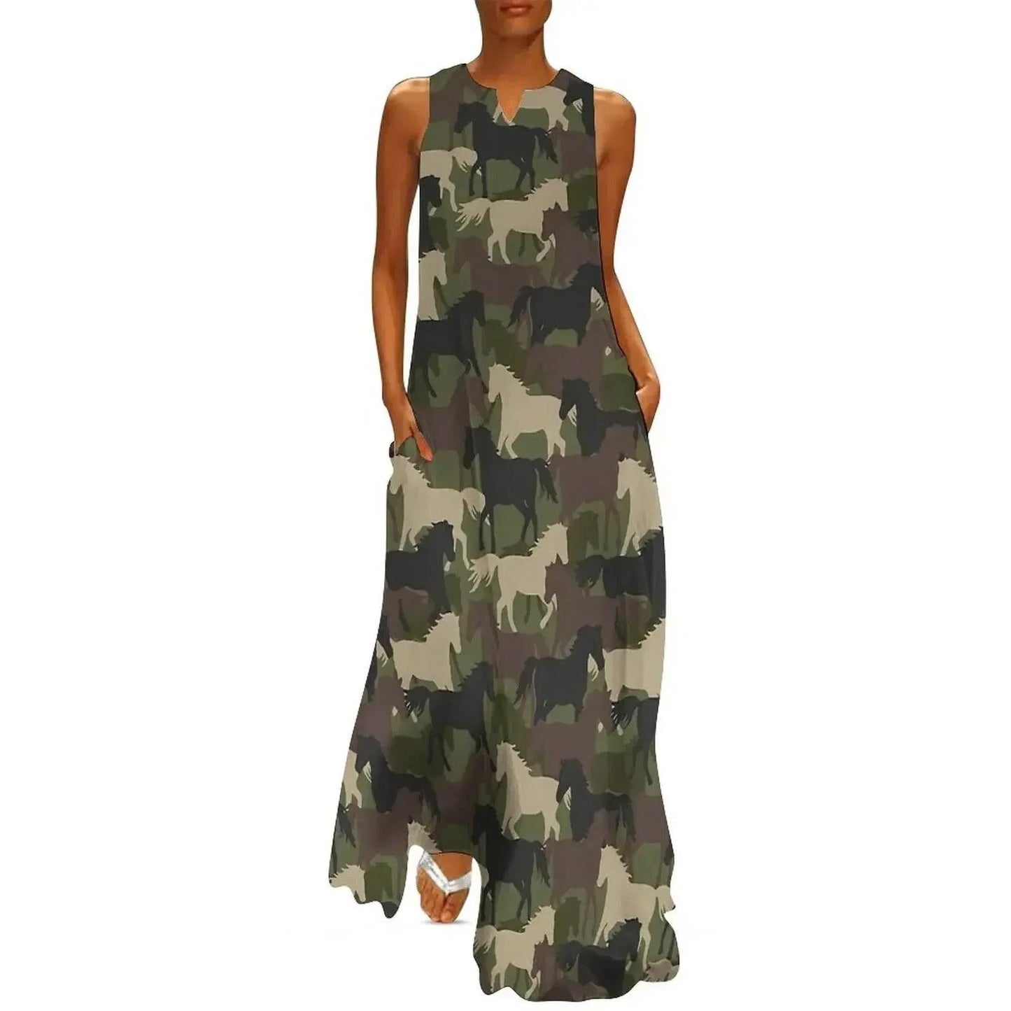 Women’s Camouflage Sleeveless V-Neck Maxi Dress with Pockets