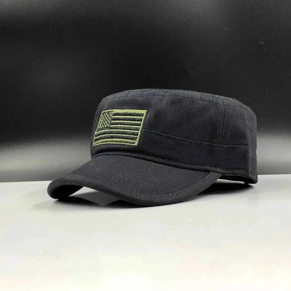 US Air Force military hat with a green embroidered American flag design on a black cap