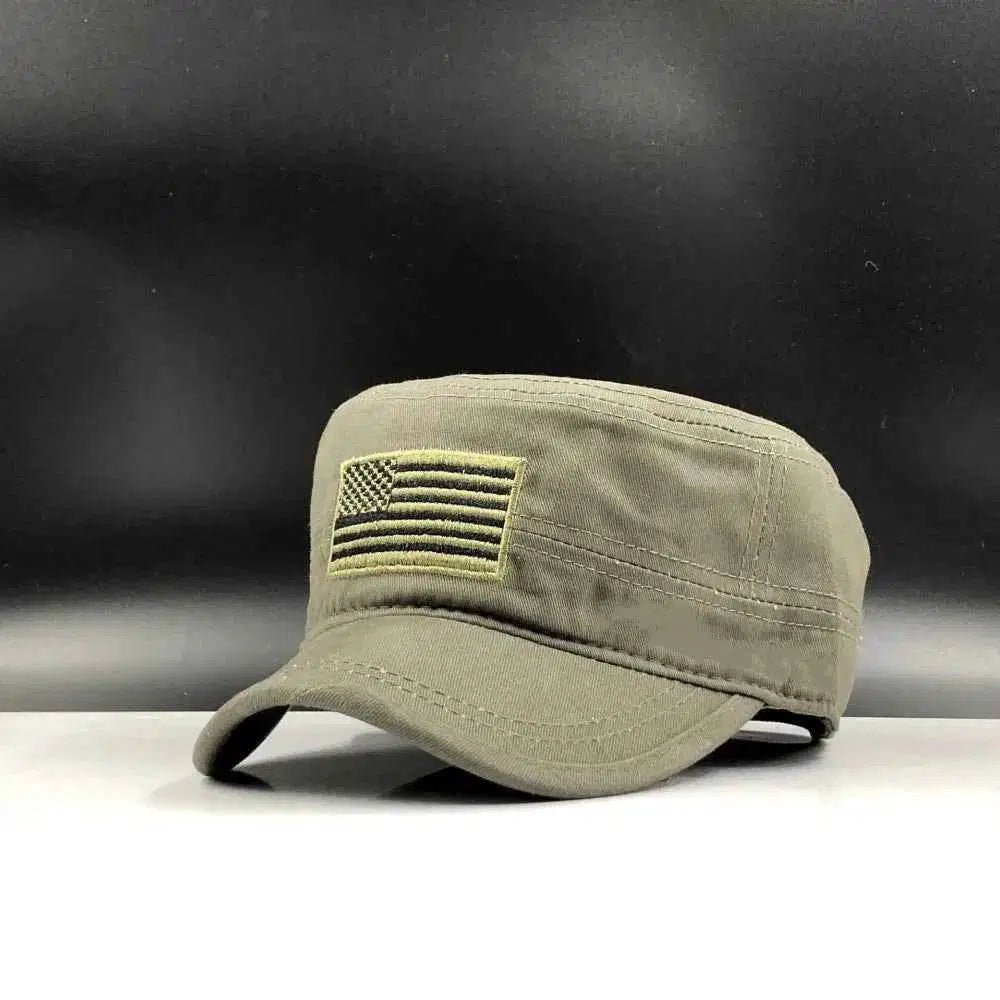 US Air Force military hat in olive green with embroidered American flag patch
