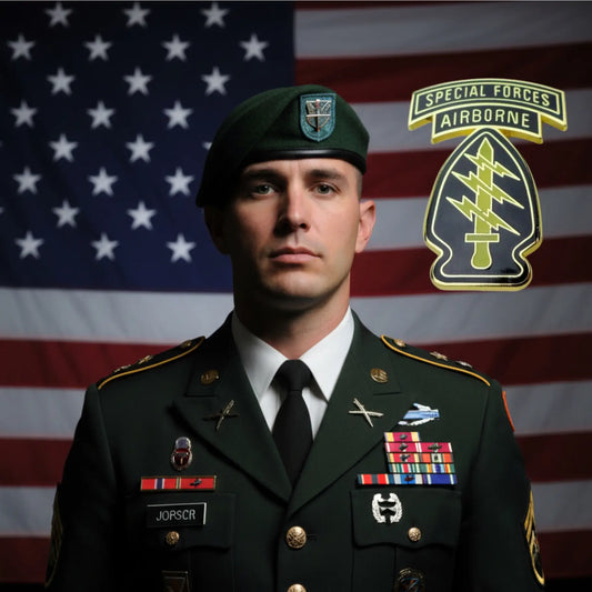 US Army Airborne Pin worn by a soldier in uniform against an American flag