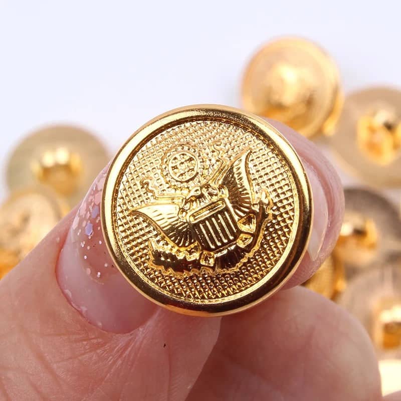 Close-up of US Army blazer buttons with detailed eagle emblem, perfect for uniform replicas