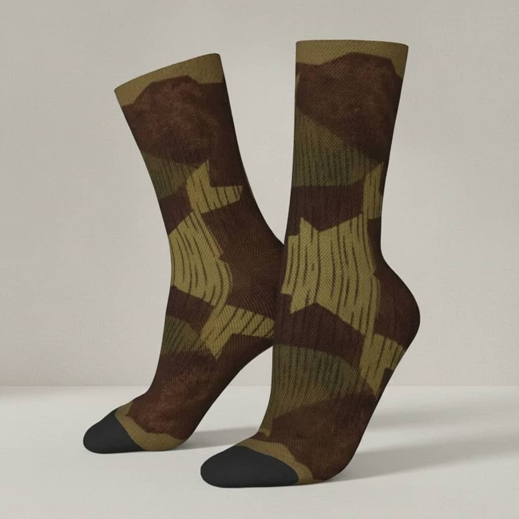 US Army crew socks in brown and olive camouflage design for outdoor activities