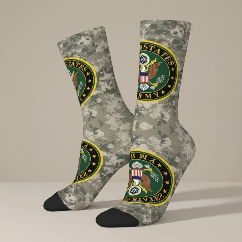 US Army crew socks in camouflage with U.S. Army emblem on a neutral background