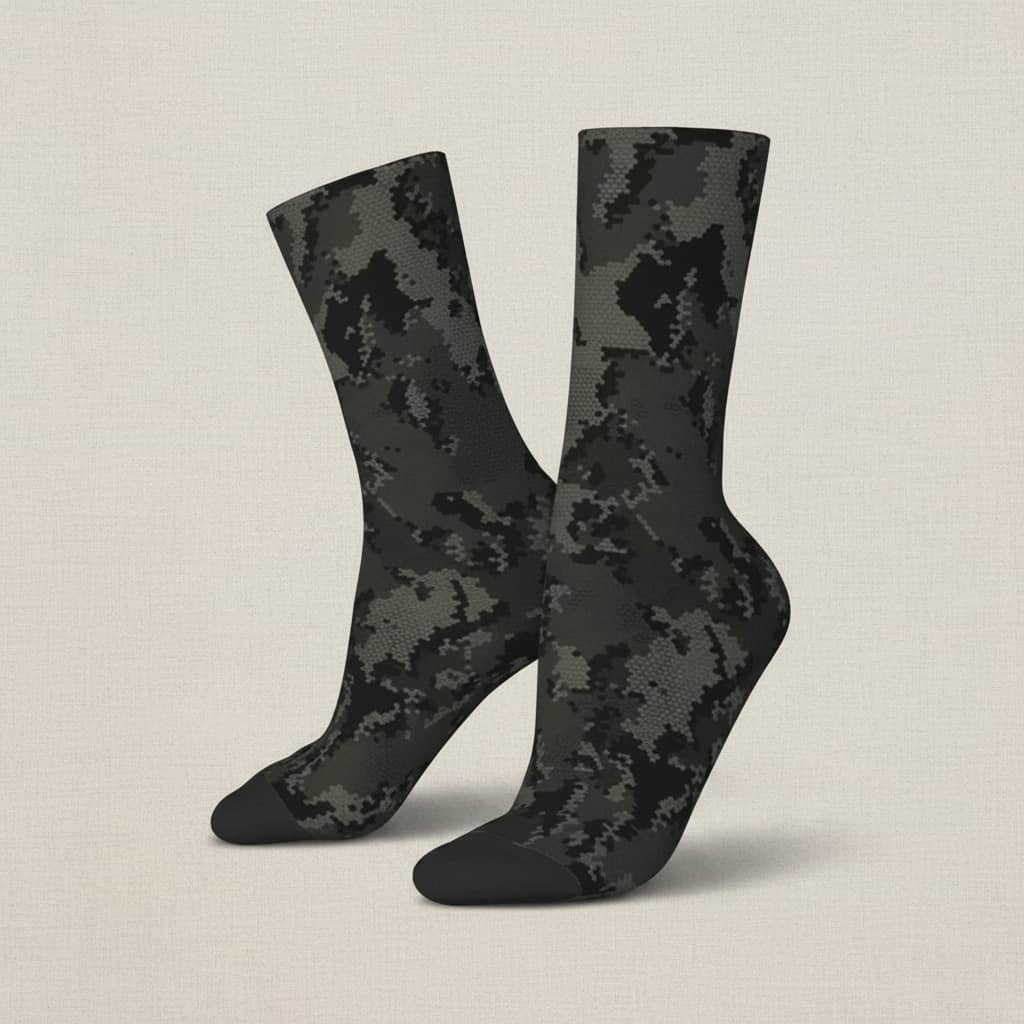 US Army crew socks in black camo for tactical wear on a neutral background