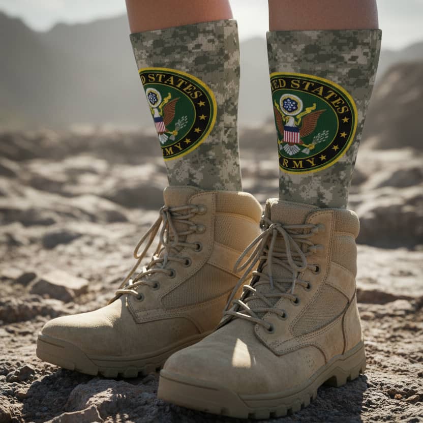 US Army crew socks with camouflage design for outdoor activities