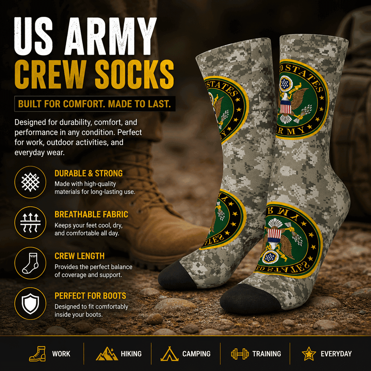US Army crew socks in camo pattern for durability and comfort during outdoor activities