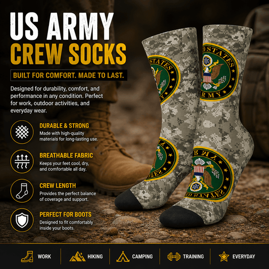 US Army crew socks in camo pattern for durability and comfort during outdoor activities