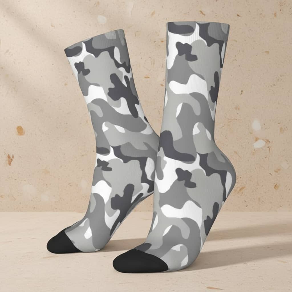 US Army crew socks in gray camo design for comfort and style on a neutral background