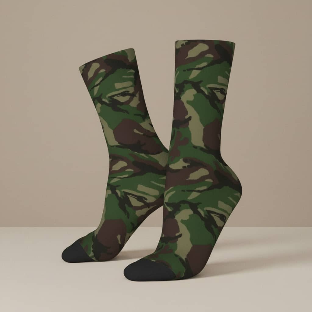 US Army crew socks in green camouflage for tactical comfort on a neutral background