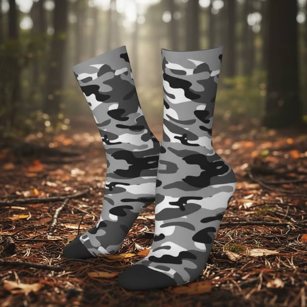 US Army crew socks in gray camouflage for comfort and durability 